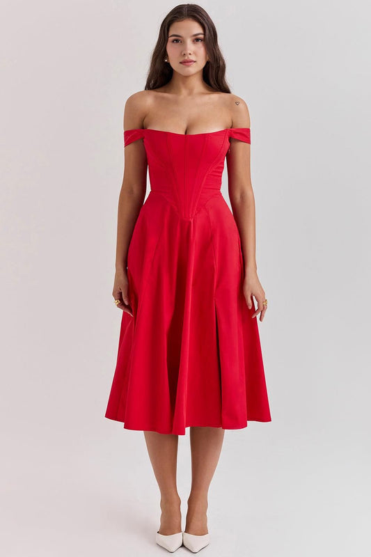 Romantisches Blumen-Midikleid mit Korsett-Design Romantisches Blumen-Midikleid mit Korsett-Design Rosa Chic Rot S 